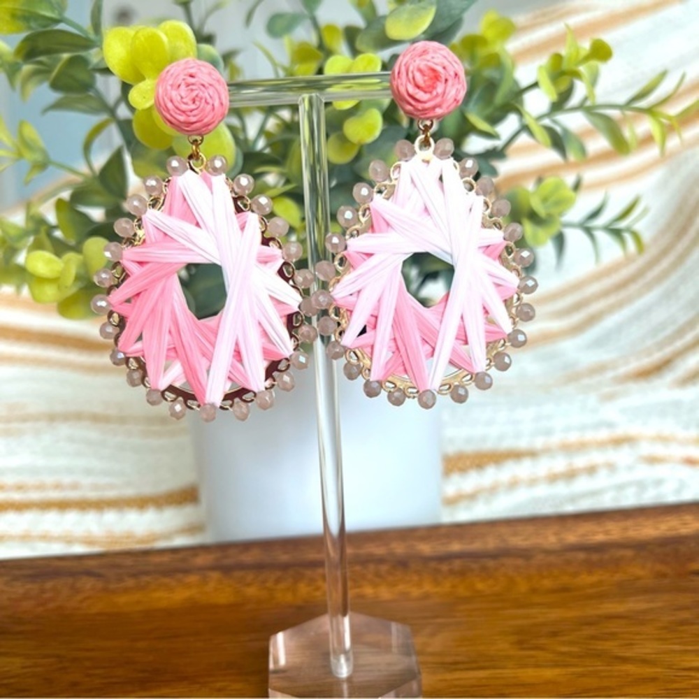CRYSTAL BEAD RAFFIA WRAP TEARDROP DANGLE‎ EARRING